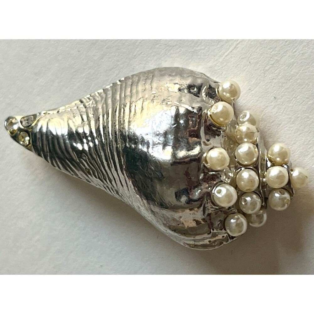 Vintage Sculptural Shell Brooch Faux Pearl Cluster Silver Tone Statement Pin